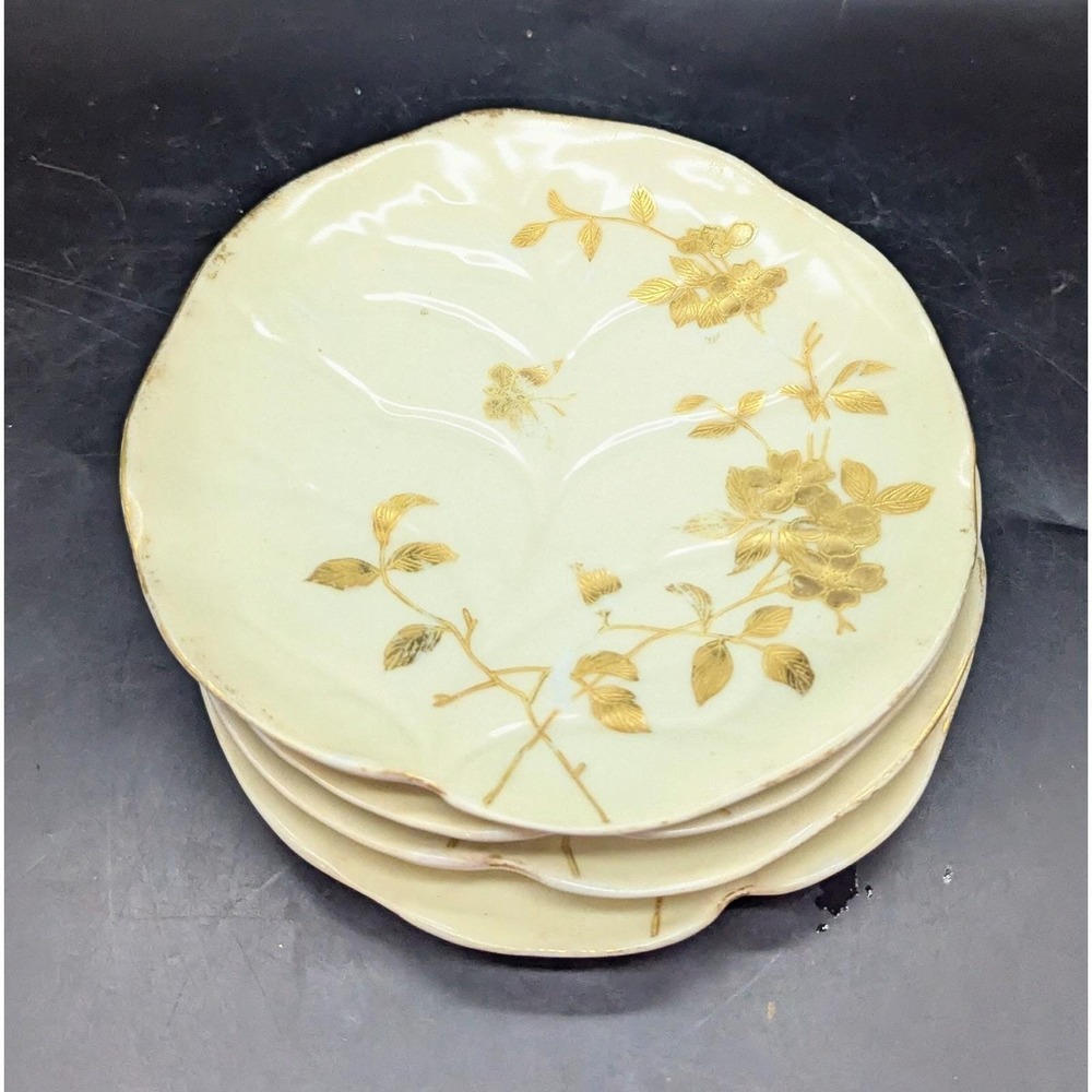 Set/4 Antique T&V Limoges Porcelain Leaf Shaped Lunchbox Plate Gold Leaf 8.5"